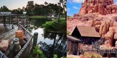 A split image showcasing Tom Sawyer Island on one side with a wooden dock, barrels, and serene waters, and a rugged, red rock terrain on the other side with a rustic, old western-style wooden building.