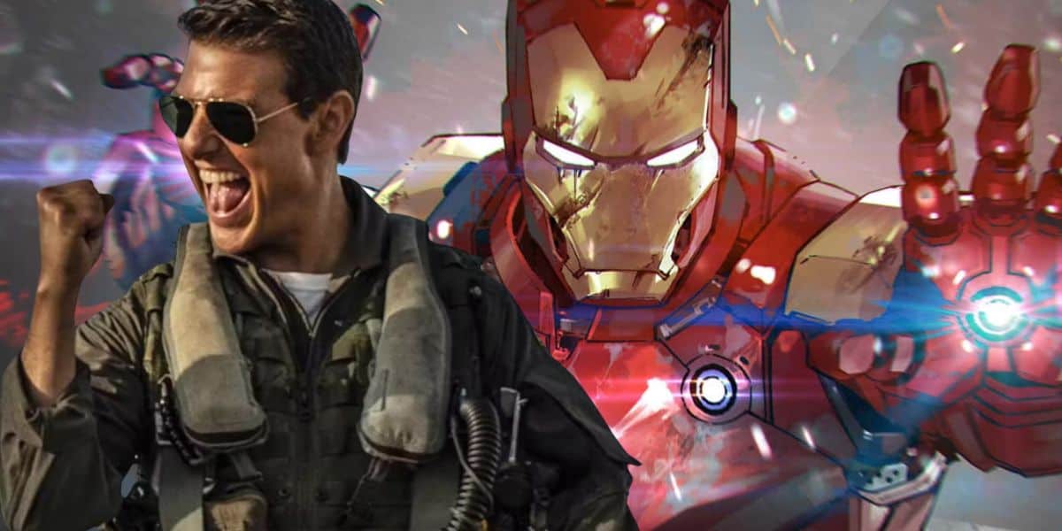 A man in a military flight suit, aviator sunglasses, and a parachute harness celebrates with a clenched fist next to a dynamic rendering of a red and gold armored superhero with a glowing chest piece and hand repulsors.