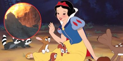 Animated image of Snow White sitting in a forest, surrounded by animals including deer, raccoons, and rabbits. An inset shows a fiery explosion, seemingly out of place with the serene main scene. It's as if Disney World's magic clashed with an unexpected burst of chaos.