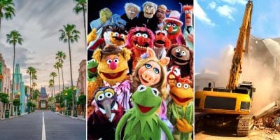 A triptych includes: on the left, a palm tree-lined street in a city with a mountainous landmark at the end; in the center, a group of colorful Muppet characters posing as if ready for D23; on the right, an excavator demolishing a building with dust in the air, assuming to be somewhere in Disney World.