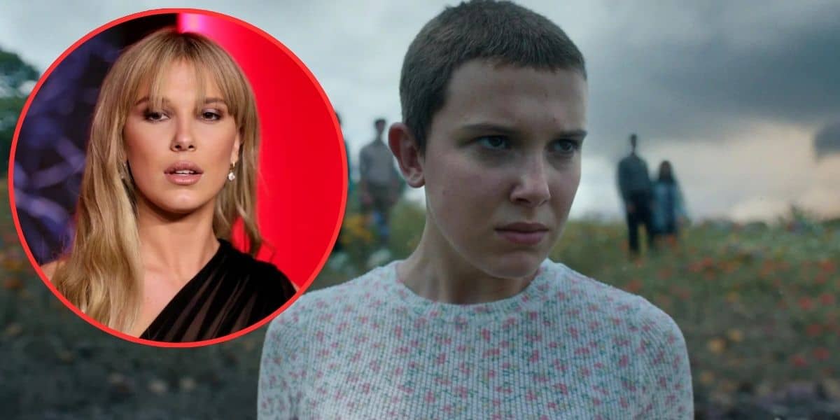 A still from a show featuring a character with short hair, a stern expression, and wearing a light-colored top, set against a dark, cloudy sky and open field. Inset is an image of a person with long blonde hair and a serious expression, highlighted by a red border.