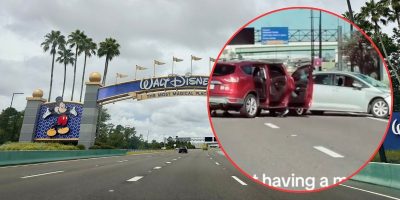 A freeway leading to a Walt Disney World entrance with the iconic Mickey Mouse sign is shown. The inset image on the right shows two cars, a red and a white one, with both their doors open, appearing to be involved in an incident.