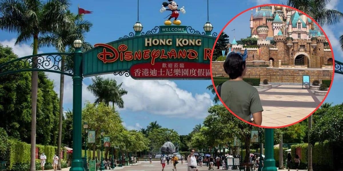 A sunny day at Hong Kong Disneyland Resort, featuring the entrance sign with a Mickey Mouse figure on top. Inset in a red circle is a person in a green shirt standing in front of a castle within the park. Palm trees and visitors are visible in the background.