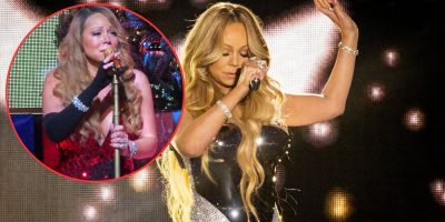 A woman with long, wavy blonde hair is singing on stage in a sparkly outfit, holding a microphone up to her mouth with her right hand raised. An inset shows her wearing a red sequin dress, black gloves, and singing into a microphone with Christmas decor in the background.