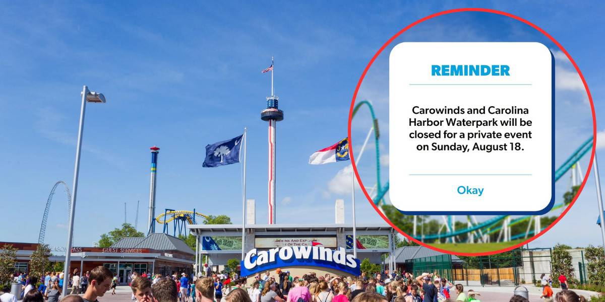 A crowd of people stand in front of the entrance sign of Carowinds amusement park. A reminder notice in the image states that Carowinds and Carolina Harbor Waterpark will be closed for a private event on Sunday, August 18.