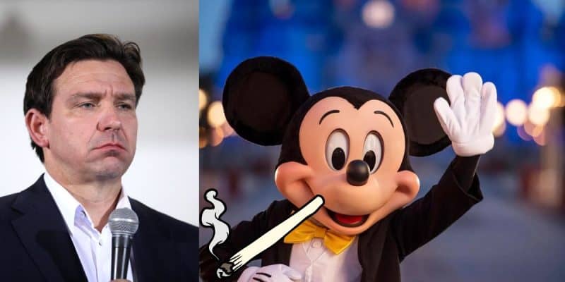 A person in a suit holds a microphone with a serious expression. Next to them is an image of Mickey Mouse waving, but altered to appear with an exaggeratedly long nose resembling Pinocchio's, holding a smoking cigarette.