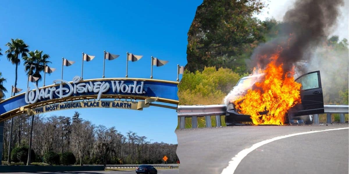 A split image shows Walt Disney World's entrance arch on the left with the slogan "The Most Magical Place on Earth," and on the right, a fiery vehicle explosion by the roadside with smoke billowing out, as a Disney guest rushes to rescue those inside.