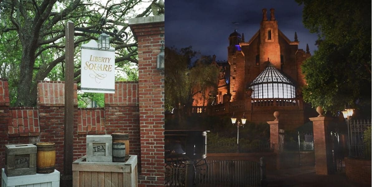 A split image shows Liberty Square and the Haunted Mansion at a theme park. The left side features a wooden Liberty Square sign near brick walls and barrels labeled "tea," possibly its last glimpse before Disney removes Liberty Square for Cars Land. The right side displays the illuminated Haunted Mansion at night, surrounded by a fence and trees.