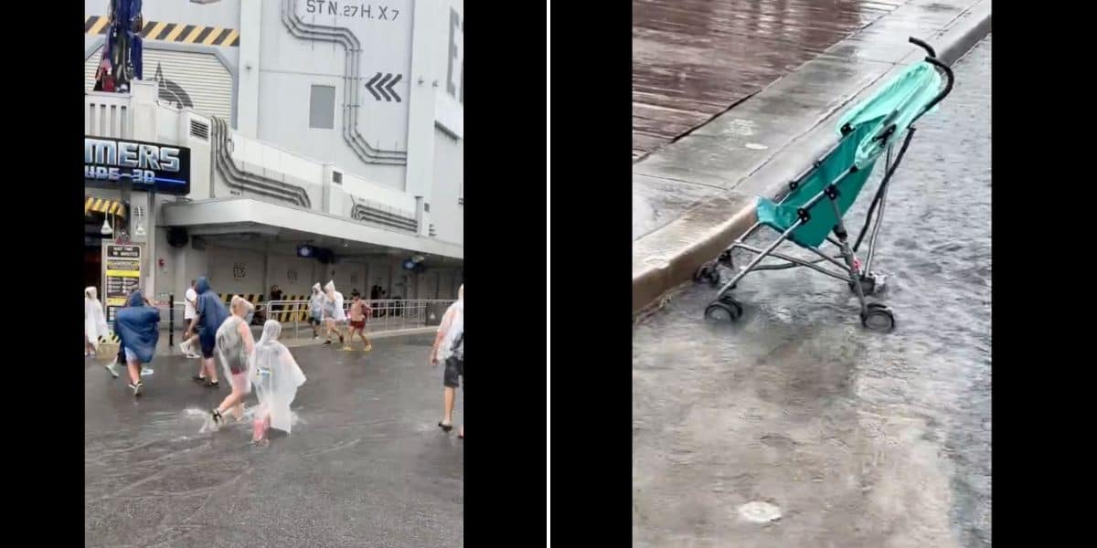 Left: People in white ponchos walking in heavy rain near a building with "Transformers: The Ride-3D" signage. Right: An empty green stroller is tipped over and half submerged in a large puddle by the curb, evidence of an intense storm hitting Universal Studios.