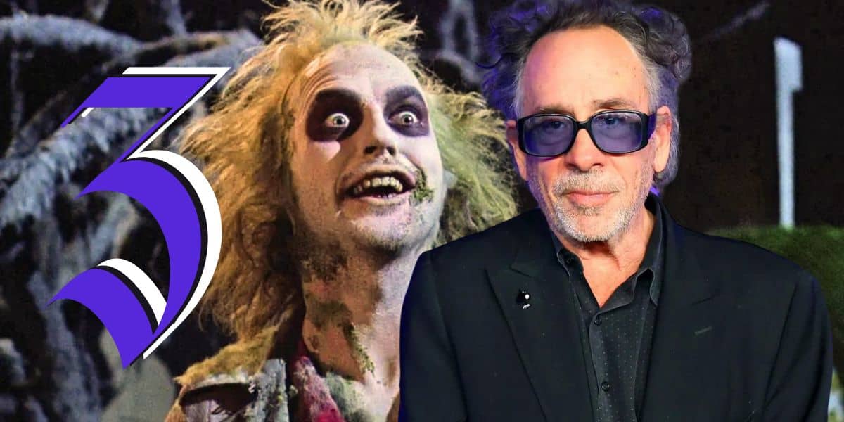 Beetlejuice (Michael Keaton) looking enthused, while Tim Burton is superimposed over him. They are flanked by a large gothic numeral 3.