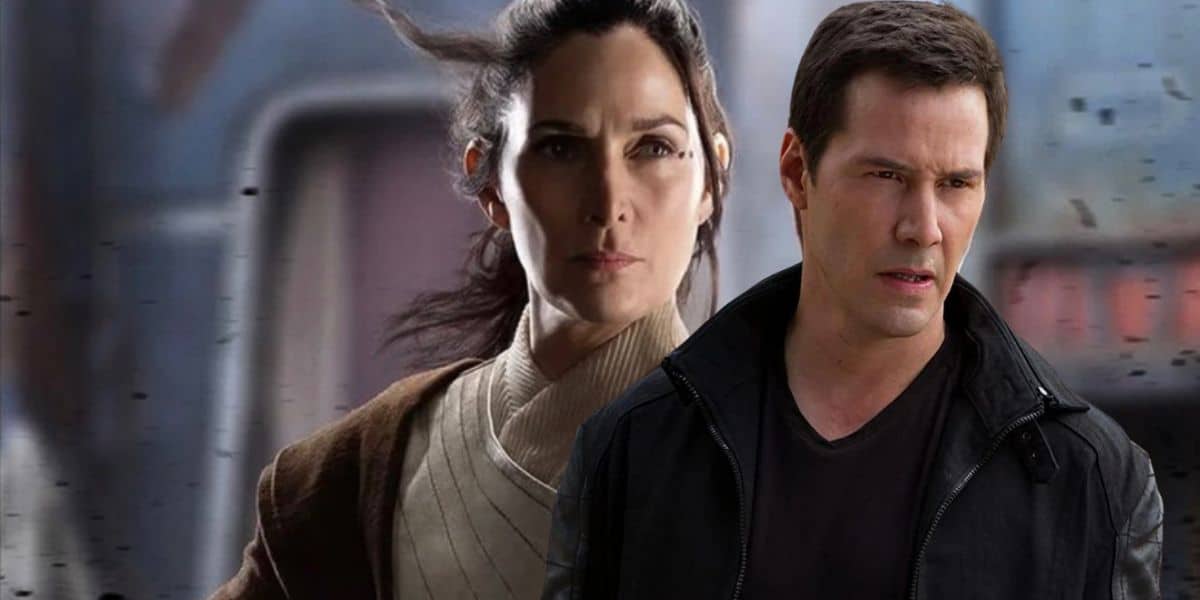 Carrie-Anne Moss as a Jedi Master in 'The Acolyte', with her 'Matrix' co-star Keanu Reeves from the film 'Man of Tai Chi' superimposed in front of her.
