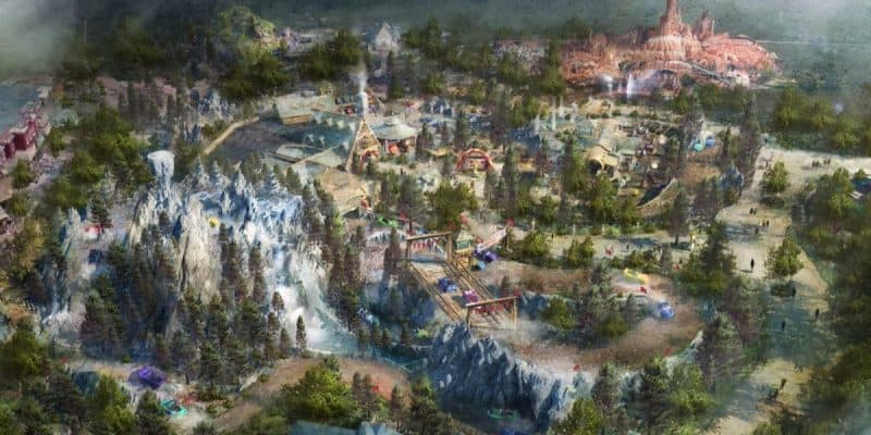 Aerial view of the 'Cars' area in Frontierland in concept art near the Disney World transportation service railroad.