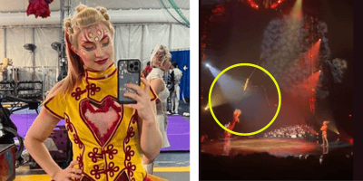 A performer in a circus costume with heart designs takes a selfie in a backstage area. On the right, the same performer is mid-air above the stage during a live show, highlighted by a yellow circle, reminiscent of Cirque du Soleil's breathtaking acts.