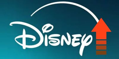An image of the Disney logo with a large red arrow pointing to the tip of the arching line above the logo. The background is in shades of blue.