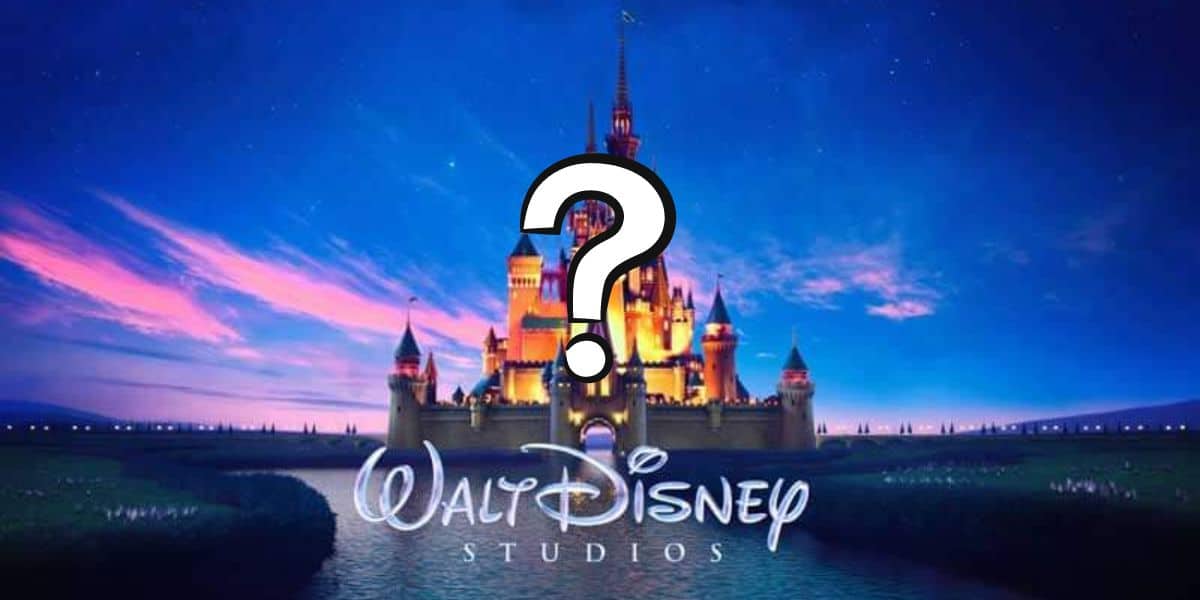 An image of the iconic Disney castle featured in the Walt Disney Studios logo. The sky is a twilight blue with pink and purple hues, and a large white question mark covers the castle. The text "Walt Disney Studios" appears in white below the castle.