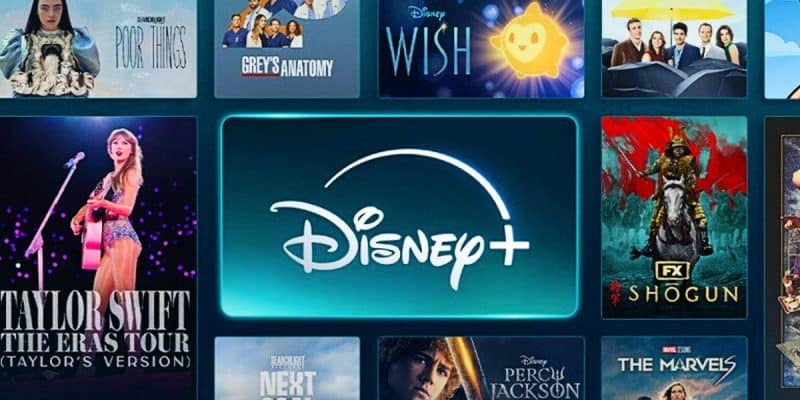 A screenshot shows the Disney+ logo in the center, surrounded by various show and movie posters such as "Taylor Swift: The Eras Tour," "Grey's Anatomy," "Wish," "Shogun," "The Marvels," and others.