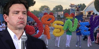 Ron DeSantis in front of a Disney pride parade.