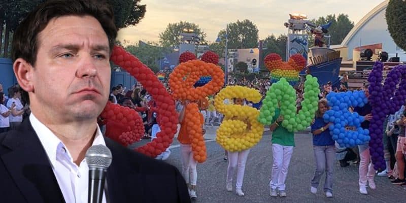 Ron DeSantis in front of a Disney pride parade.