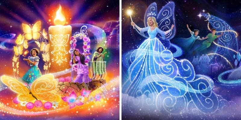 Two pieces of concept art for the “Disney Starlight” parade featuring characters from 'Encanto,' 'Pinocchio,' and 'Peter Pan.'