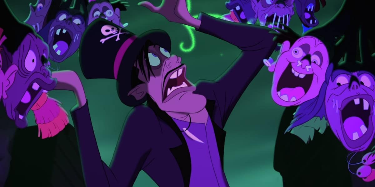 A cartoon character wearing a top hat with a skull and crossbones design looks up in fright as sinister, purple ghostly faces surround him against a dark, eerie background. The character's eyes are wide with terror, and his mouth is open in a scream.