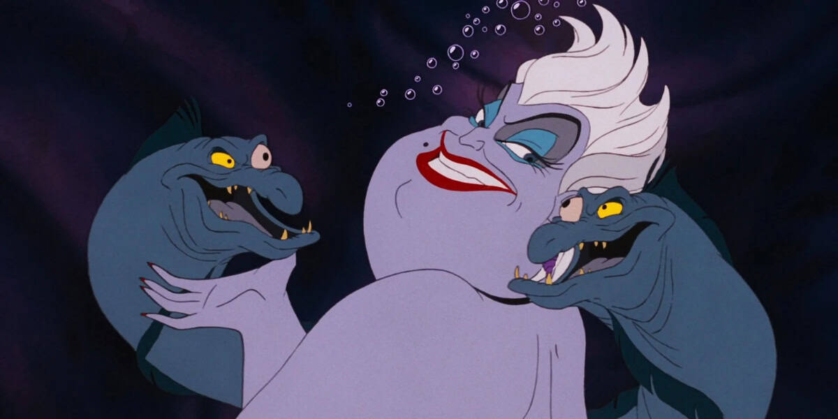 Ursula, a sea witch with white hair and purple skin, is depicted laughing while holding her two eel companions, Flotsam and Jetsam. Her expression is mischievous, and she is surrounded by dark water.