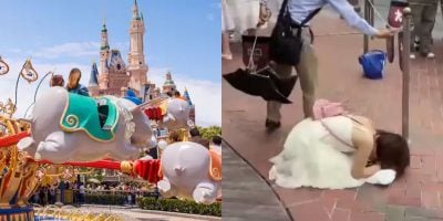 People riding the Dumbo ride (left), a woman collapsing to her knees, screaming, on the ground of Shanghai Disneyland.