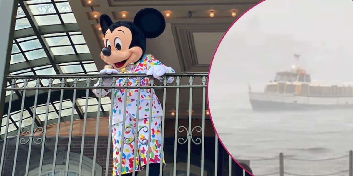 Mickey Mouse posing on top of the Main Street train station / A ferry struggles to dock at Walt Disney World during a storm.