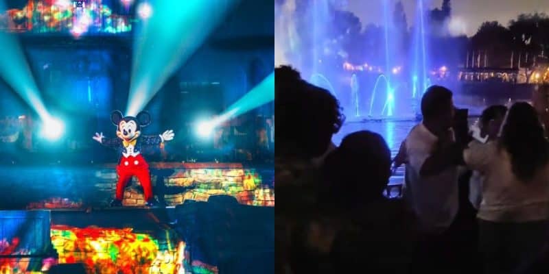 Mickey Mouse in "Fantasmic!" (left) and guests fighting at the show (right)