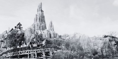 Black and white photo of Big Thunder Mountain Railroad at Disneyland Paris, where a 2023 fire impacted one of the Disney restaurants.