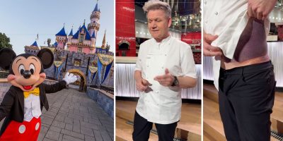 The image features three sections: (1) Mickey Mouse at a Disney castle, (2) Gordon Ramsay in a white jacket gesturing with enthusiasm in a studio and (3)Ramsay lifting their shirt to reveal a bruised torso from what appears to be a near-death accident.