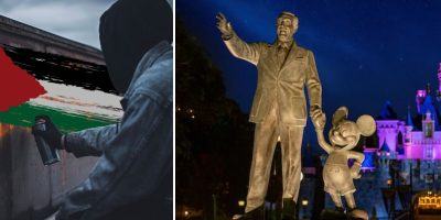 A split image: The left side shows a person in a dark hoodie spray-painting a wall with the colors of the Palestinian flag, reflecting the clash of politics. The right side depicts a night scene of a bronze statue of Walt Disney and Mickey Mouse in front of Sleeping Beauty castle