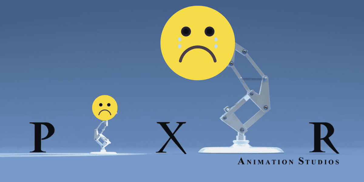 An image of the Pixar Animation Studios logo features the iconic desk lamp, now with a large, sad face emoji shedding tears instead of its usual light bulb. Positioned between the letters "P" and "R" against a blue background, this creative touch hints at Pixar's emotional storytelling in the anticipated Inside Out 2.