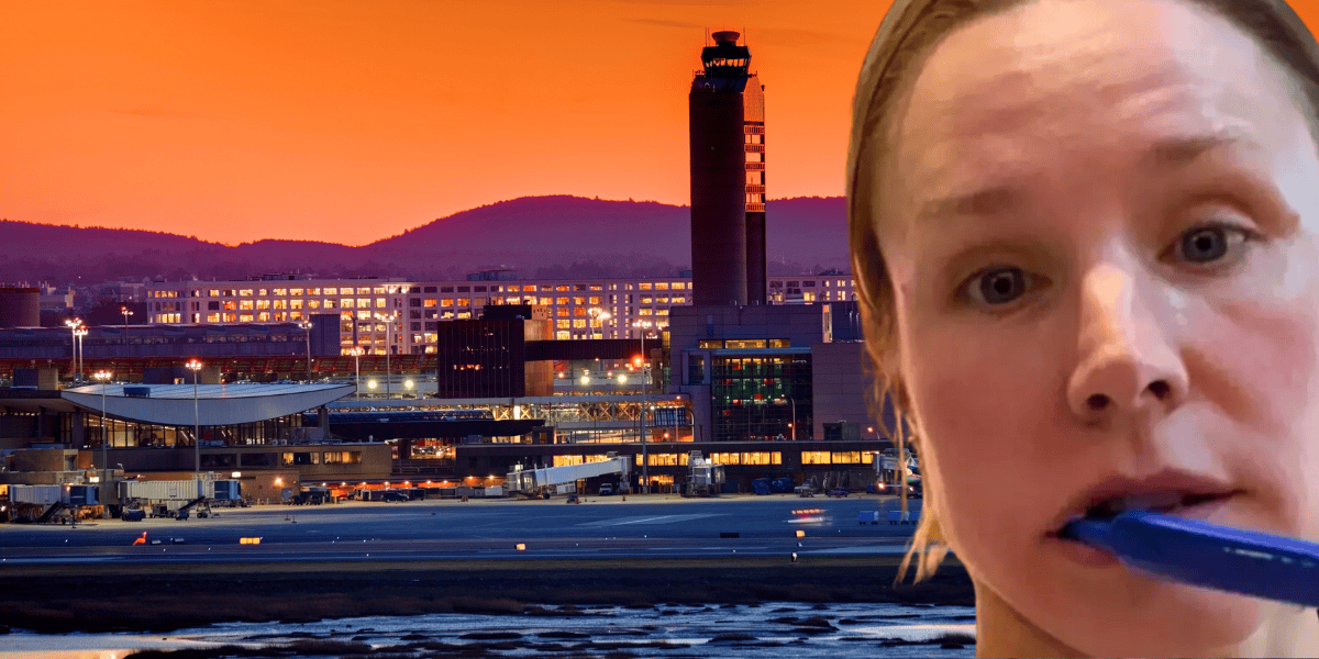 A close-up of a person holding a pen to their lips, with an airport terminal in the background bathed in an orange sunset. The airport's control tower and several buildings are visible, along with parked planes on the tarmac, as if it were a scene from a Kristen Bell movie.