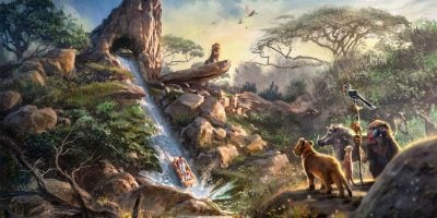 Concept art for 'The Lion King' land at Disneyland Paris, featuring a log flume ride and characters from the live-action film at Disneyland Paris.