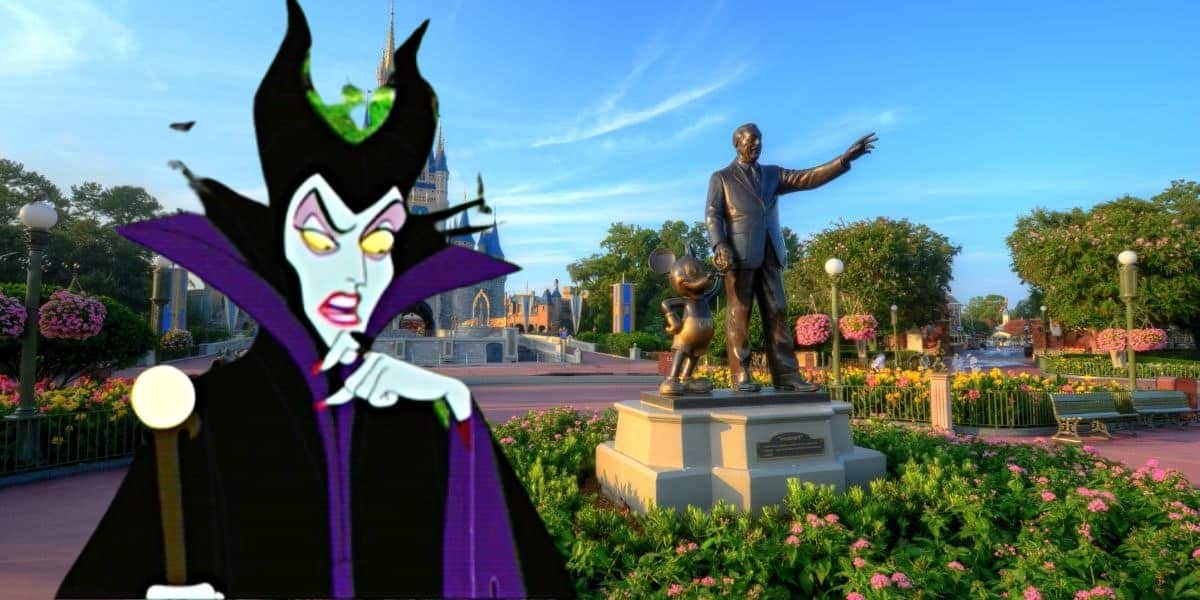 Maleficent superimposed against the Walt Disney and Mickey Mouse statue at Disney World