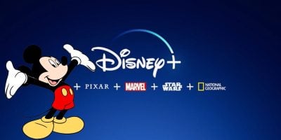 The image shows the Disney+ logo with icons for Pixar, Marvel, Star Wars, and National Geographic on a dark blue background. Mickey Mouse is pictured on the left side, appearing to welcome viewers or introduce the content offerings.