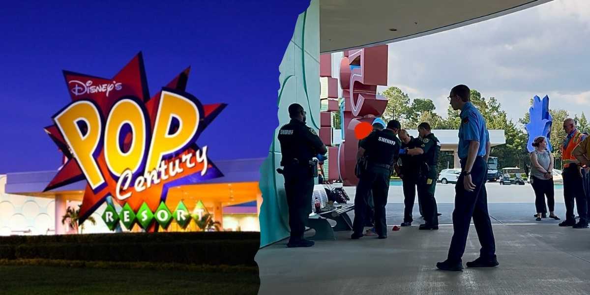 A split image with the left side displaying a colorful sign reading "Disney's Pop Century Resort" against a bright blue sky. The right side shows several police personnel and individuals gathered outside a building under an overhang.