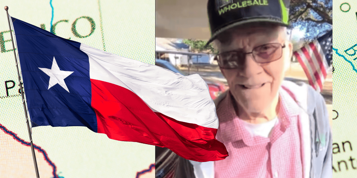 A 90-year-old man wearing a cap and glasses smiles in front of the camera. A Texas flag waves prominently to his left. The background features a partial map of Texas and nearby regions. The man, known as a TikTok sensation, holds an American flag behind him.
