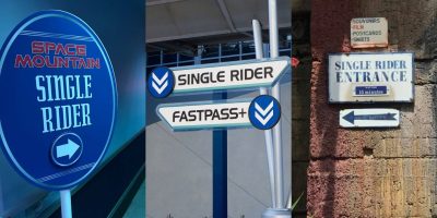 A collage of three photos showcasing Disney World attractions' single rider signs. The first is for "Space Mountain," the second features options for "Single Rider" and "FASTPASS+," and the third indicates a "Single Rider Entrance" with a 15-minute wait.