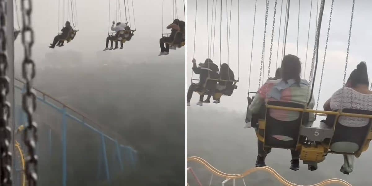 Two images show multiple guests suspended over 200 feet in the air during an abrupt shutdown on Supergirl Sky Flight, a high-speed thrill ride that spins guests at 64 kilometers per hour in Six Flags Mexico.
