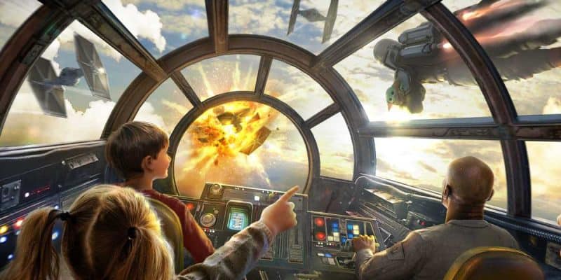 Guests in the cockpit of Millennium Falcon: Smuggler's Run Mandalorian concept art