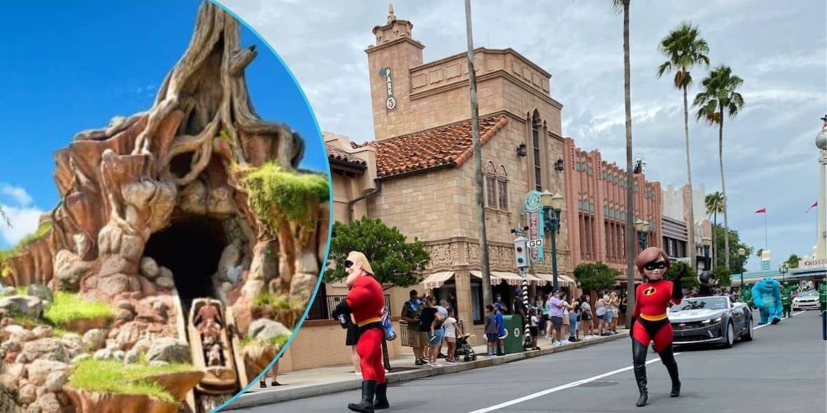 Left: Splash Mountain before it closed. Right: Mr. & Mrs. Incredible walk down Hollywood Blvd at Disney's Hollywood Studios.