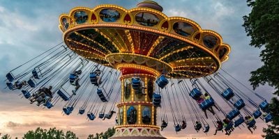 The Flying Swings ride in action at Waldameer Park & Water World against a sunset.