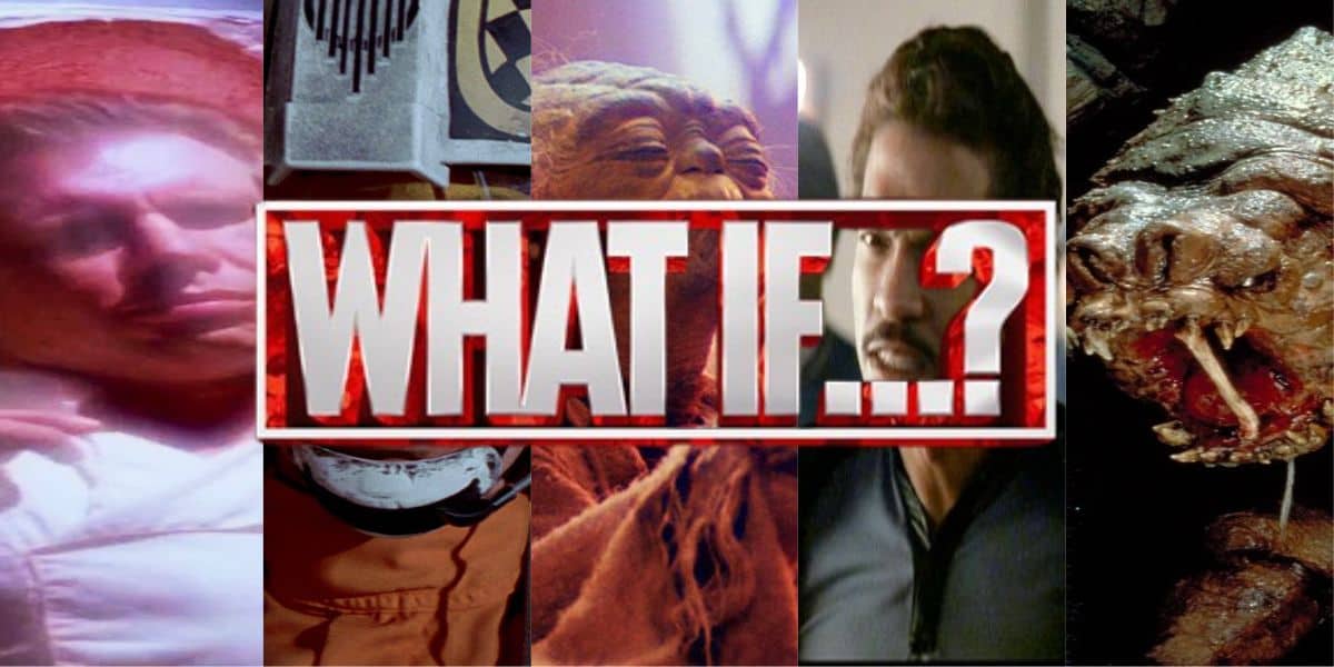 A collage picturing featuring characters from Star Wars, including Han Solo, Biggs Darklighter, Yoda, Lando Calrissian, and the Rancor. A logo reading "What If" is superimposed.