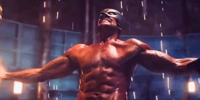 A shirtless Hugh Jackman in a climactic scene from Deadpool & Wolverine