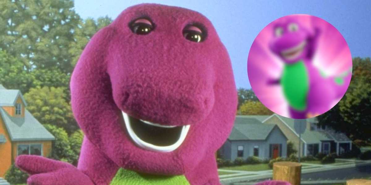 A large, friendly purple dinosaur with a green belly stands outdoors in a suburban neighborhood. In the top-right corner, there is a small, circular inset image of the same dinosaur dancing with a radiant pink and purple background. Despite his cheerful appearance, some fans are disappointed with Barney's new look.