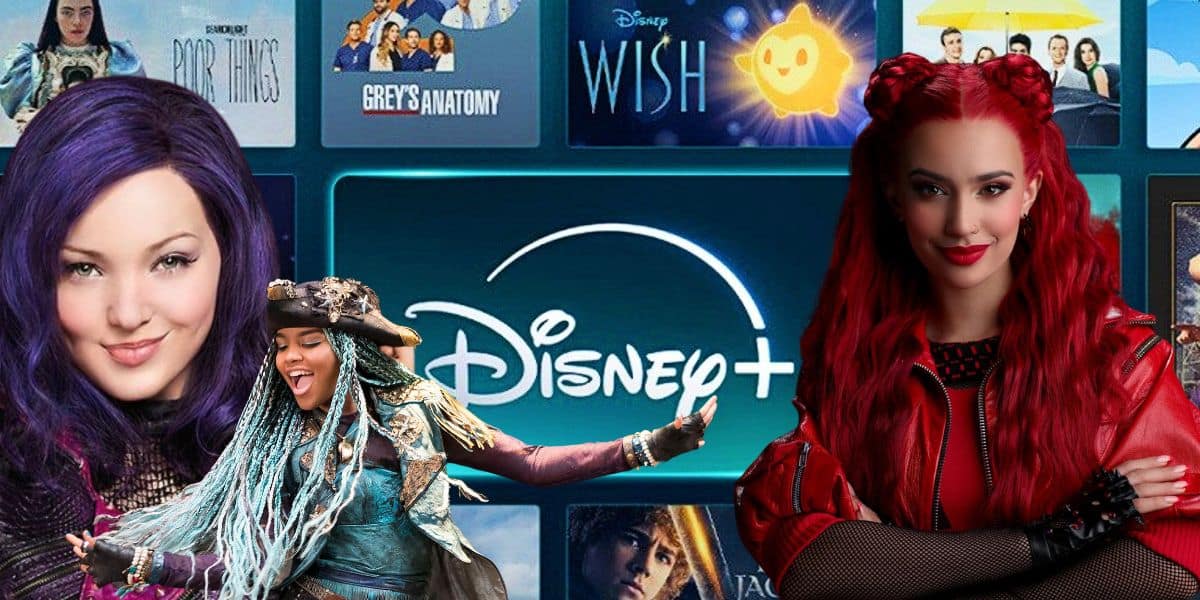 An advertisement for Disney+ featuring a blue background with the Disney+ logo in the center. Characters from the Descendants are featured, including Dove Cameron, China Anne McClain, and Kylie Cantrall.