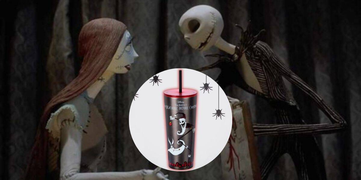 Two fictional characters, one a skeletal figure in a black striped suit and the other a stitched doll-like figure, appear to be in conversation. Overlaid is an image of a Nightmare Before Christmas tumbler with red accents and Halloween-themed designs.