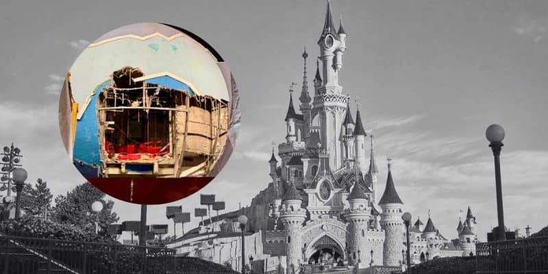A black and white photo of a large, intricate castle with turrets and spires. In the foreground, an inset circular image shows a close-up of a damaged, colorful structure with exposed wooden framework and debris—suggesting a major change at this iconic location.