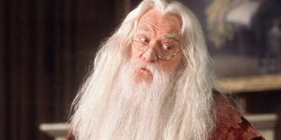 Albus Dumbledore (Richard Harris) in the first Harry Potter movie, looking quizzical.
